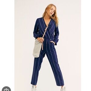 Scotch & Soda Navy Pinstripe Wrap Jumpsuit